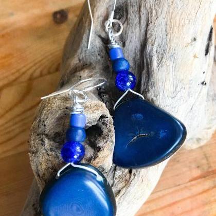 Gorgeous Boho Dark Blue Tagua Nut Dangle Earrings