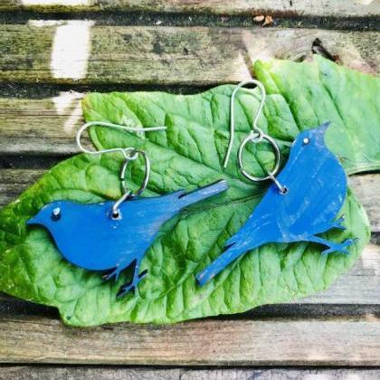 Delightful Wood Blue Bird Earrings With Sterling..
