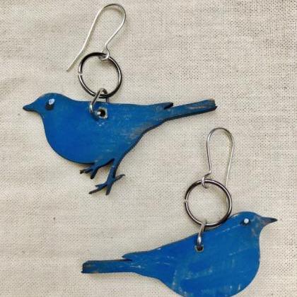 Delightful Wood Blue Bird Earrings With Sterling..