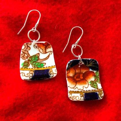 Retro Vintage Russet And Blue China Earrings