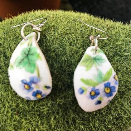 Sweet Blue Flower Vintage Recycled China Earrings