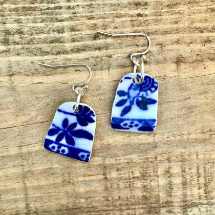 Sweet Blue Vintage Recycled China Dangle Earrings..