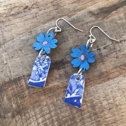 Pretty Blue Wooden Flower And Blue China Earrings..