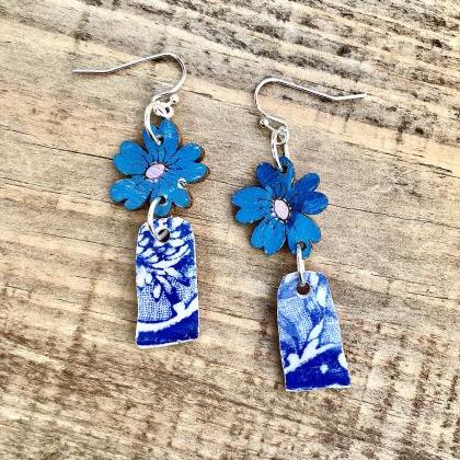 Pretty Blue Wooden Flower And Blue China Earrings..