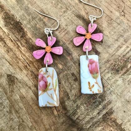 Pretty Wooden Flower And Bone China Earrings With..