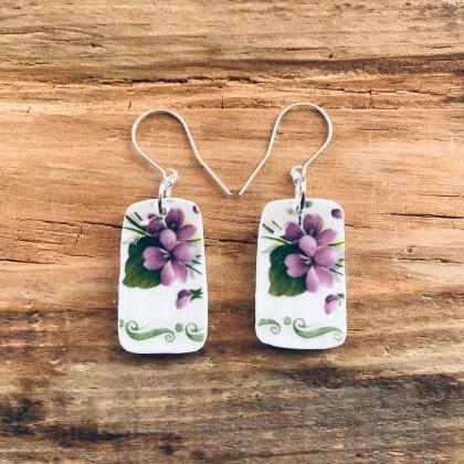 Sweet Purple Vintage Recycled China Floral Dangle..