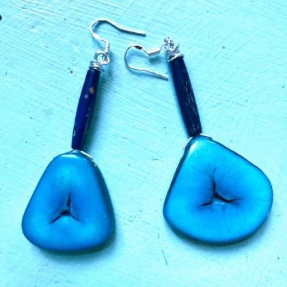 Gorgeous Blue Boho Tagua Nut Dangle Earrings With..