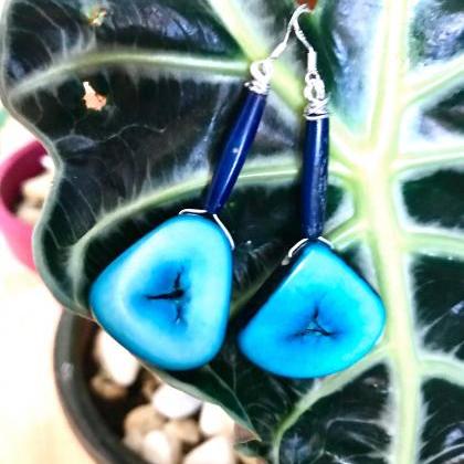 Gorgeous Blue Boho Tagua Nut Dangle Earrings With..