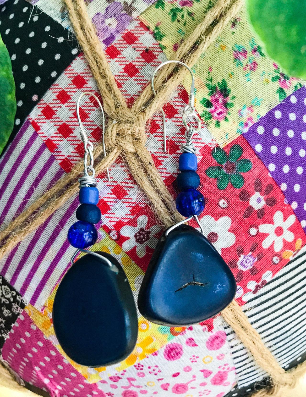 Gorgeous Boho Dark Blue Tagua Nut Dangle Earrings