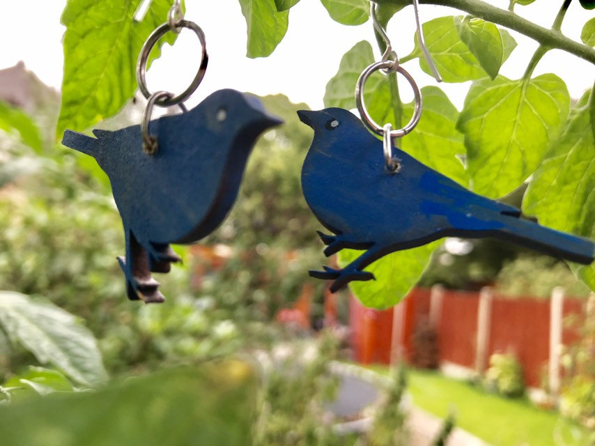 Delightful Wood Blue Bird Earrings With Sterling Silver Earwires
