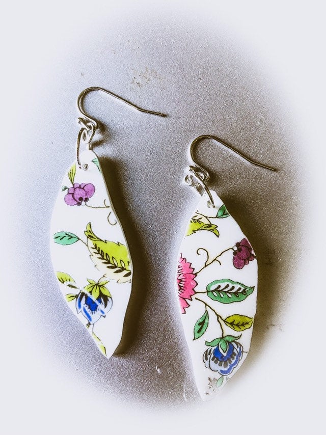 Sweet Vintage Recycled China Floral Dangle Earrings