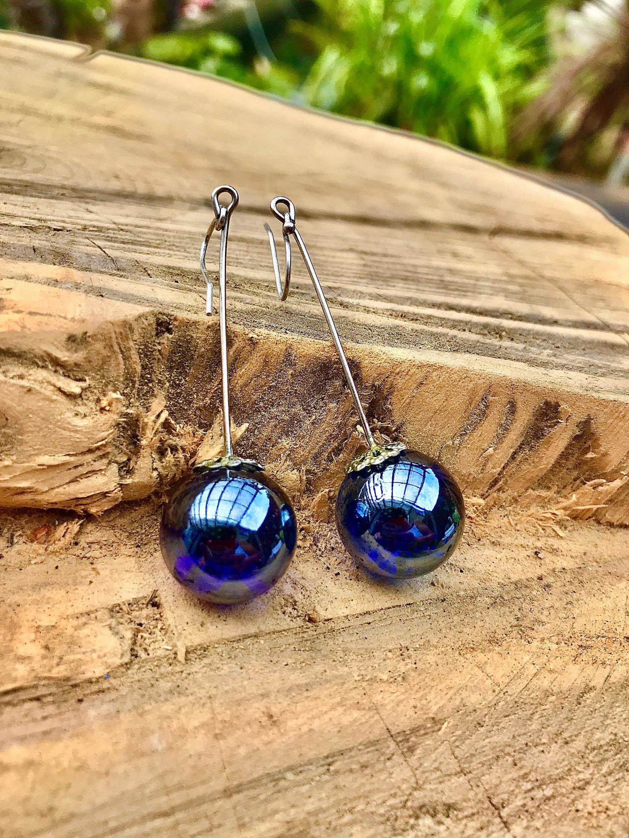 Stunning Metallic Blue Boho Recycled Glass Marble Dangle Earrings With Sterling Silver Ear Wires