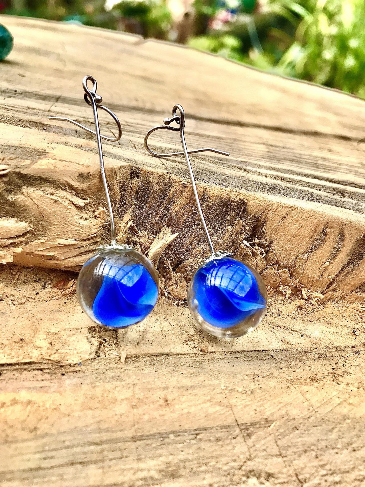 Stunning Blue Boho Recycled Glass Marble Dangle Earrings With Sterling Silver Ear Wires