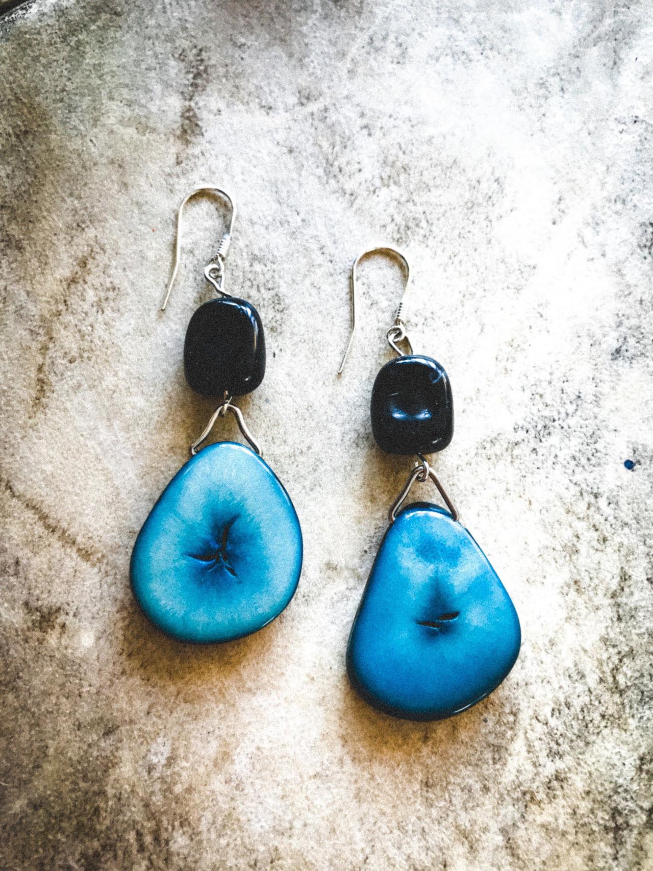 Gorgeous Boho Turquoise &black Tagua Nut Dangle Earrings
