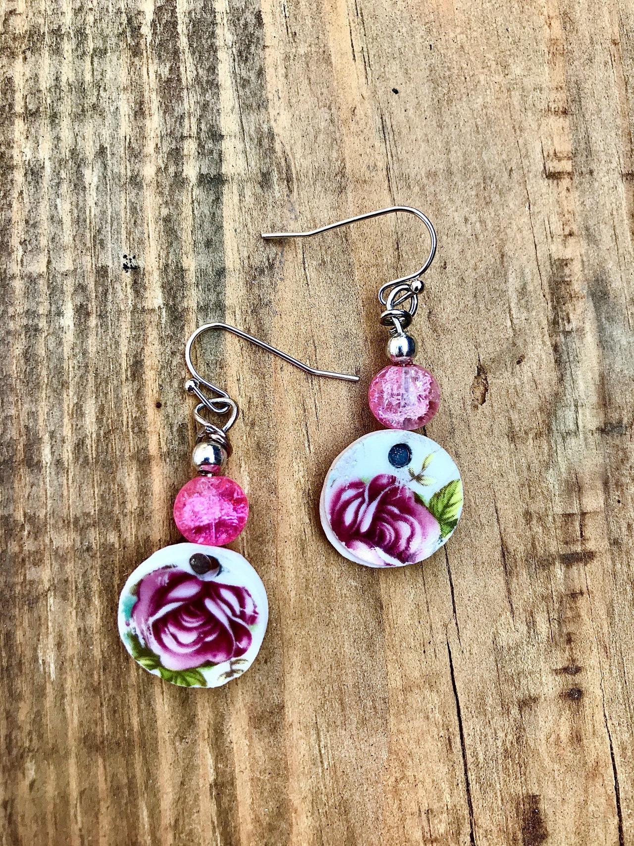 Sweet Pink Rose & Pink Glass Bead Vintage Recycled China Dangle Earrings