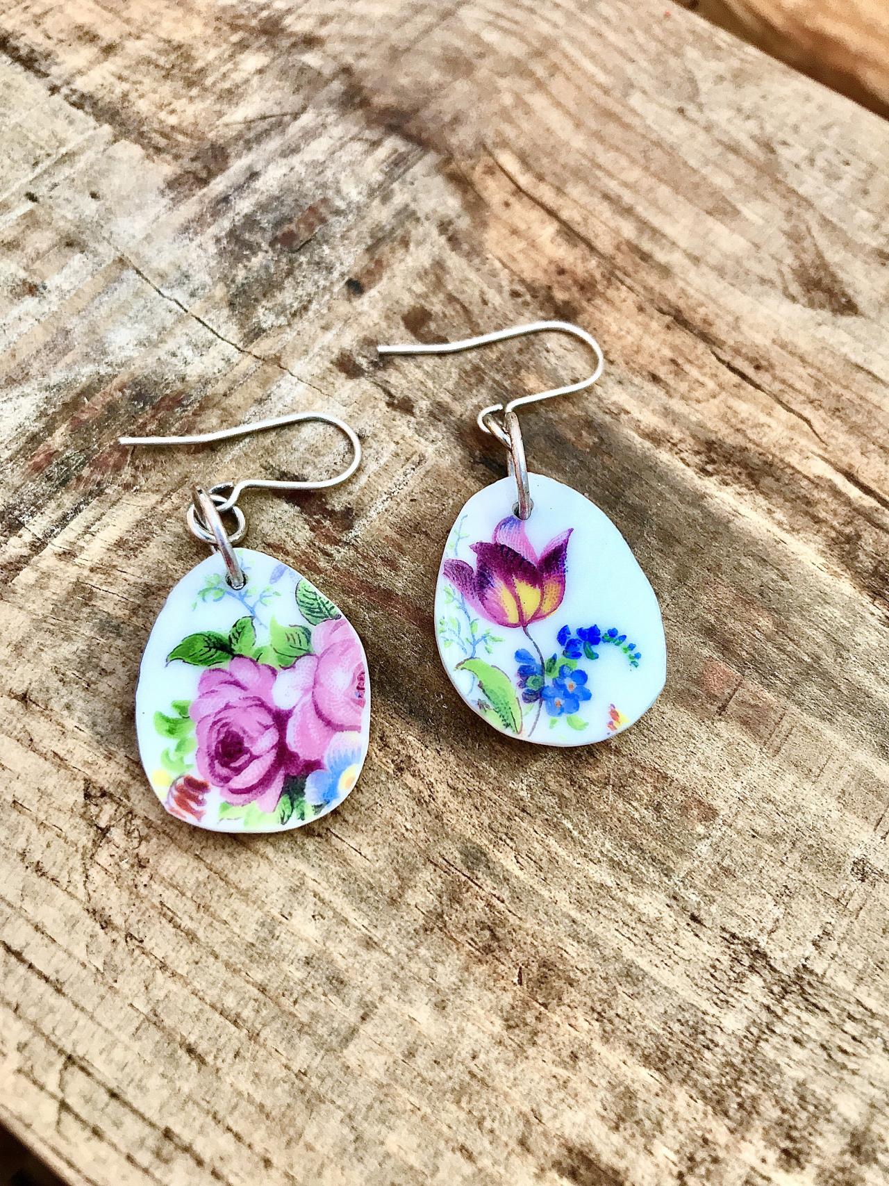Sweet Little Pink Rose Vintage Recycled China Dangle Earrings