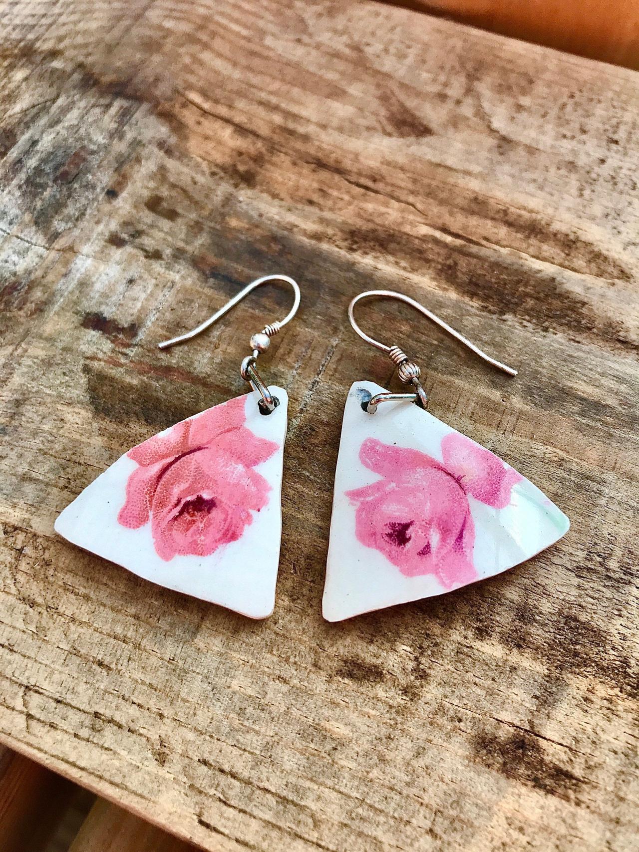 Darling Pink Rose Vintage Recycled China Triangle Earrings