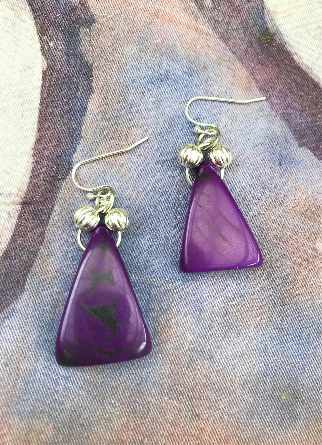 Sweet BoHo purple triangle tagua nut dangle earrings