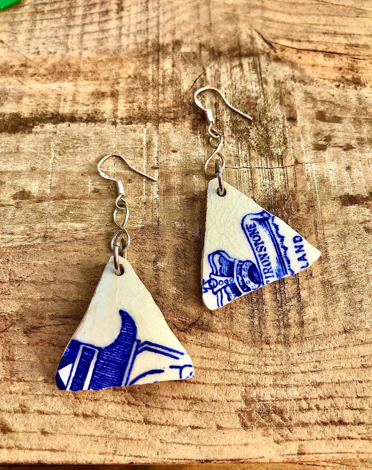 Unique vintage ironstone pattern blue & white china earrings with sterling silver earwires.