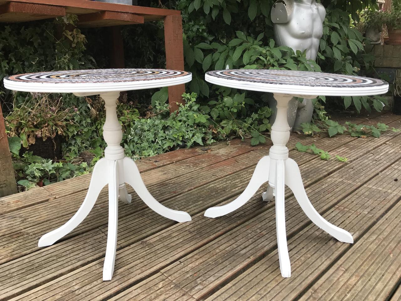 Pair of up cycled mosaic vintage regency occasional side tables