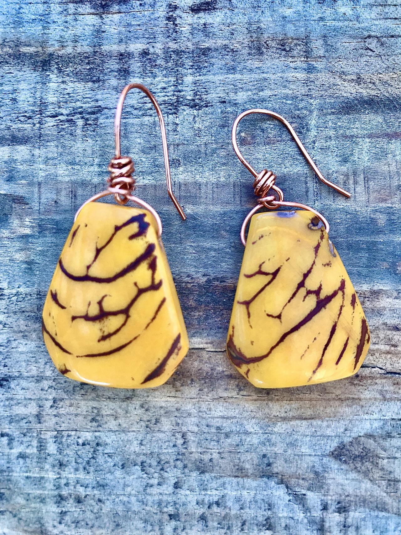 Yellow Tagua Nut (vegetable Ivory) Dangle Earrings With Copper Ear Wires.
