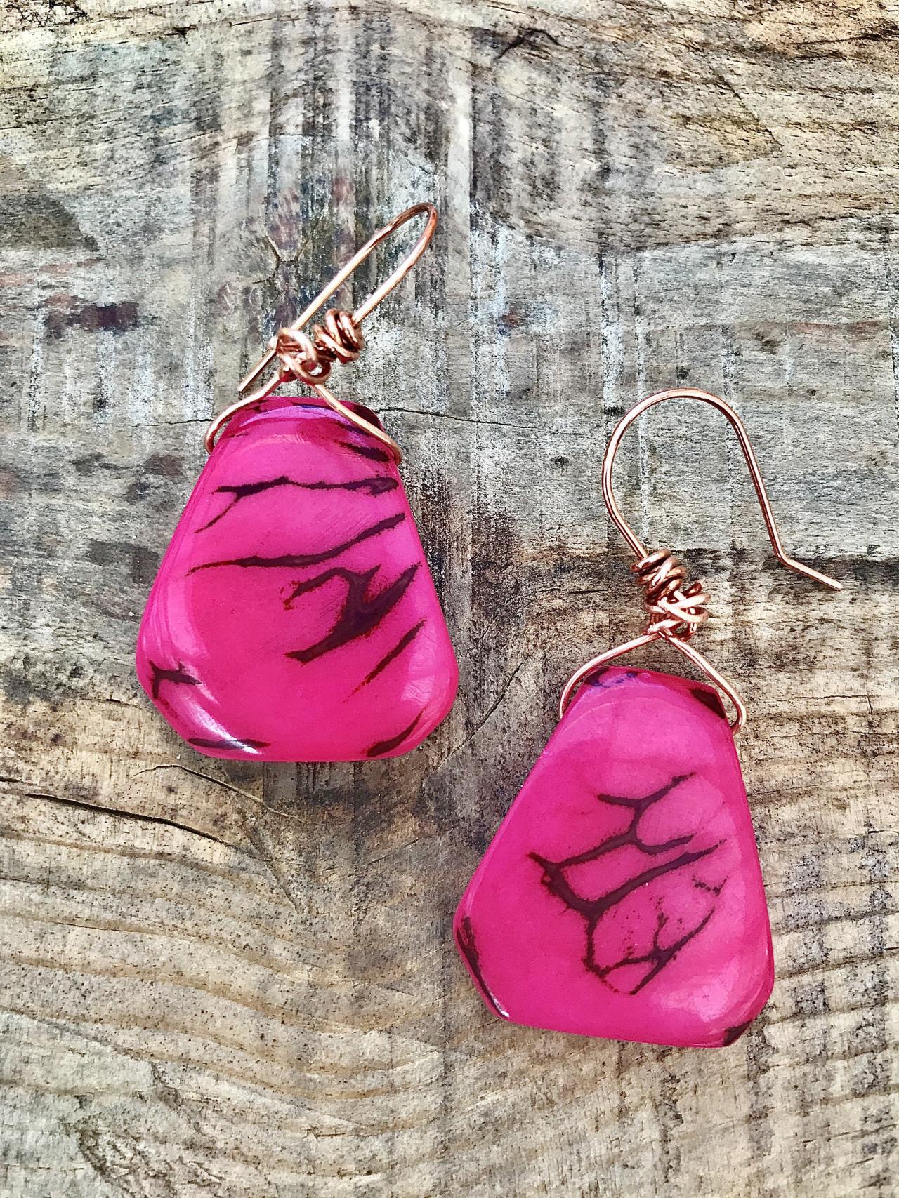 Pink Tagua Nut (vegetable Ivory) Dangle Earrings With Copper Ear Wires.
