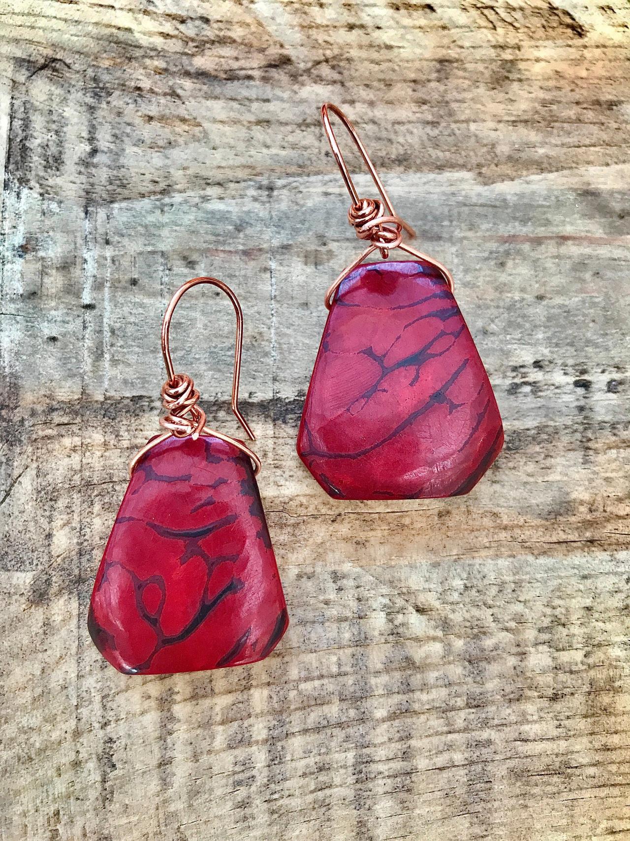 Wine Red Tagua Nut (vegetable Ivory) Dangle Earrings With Copper Ear Wires.