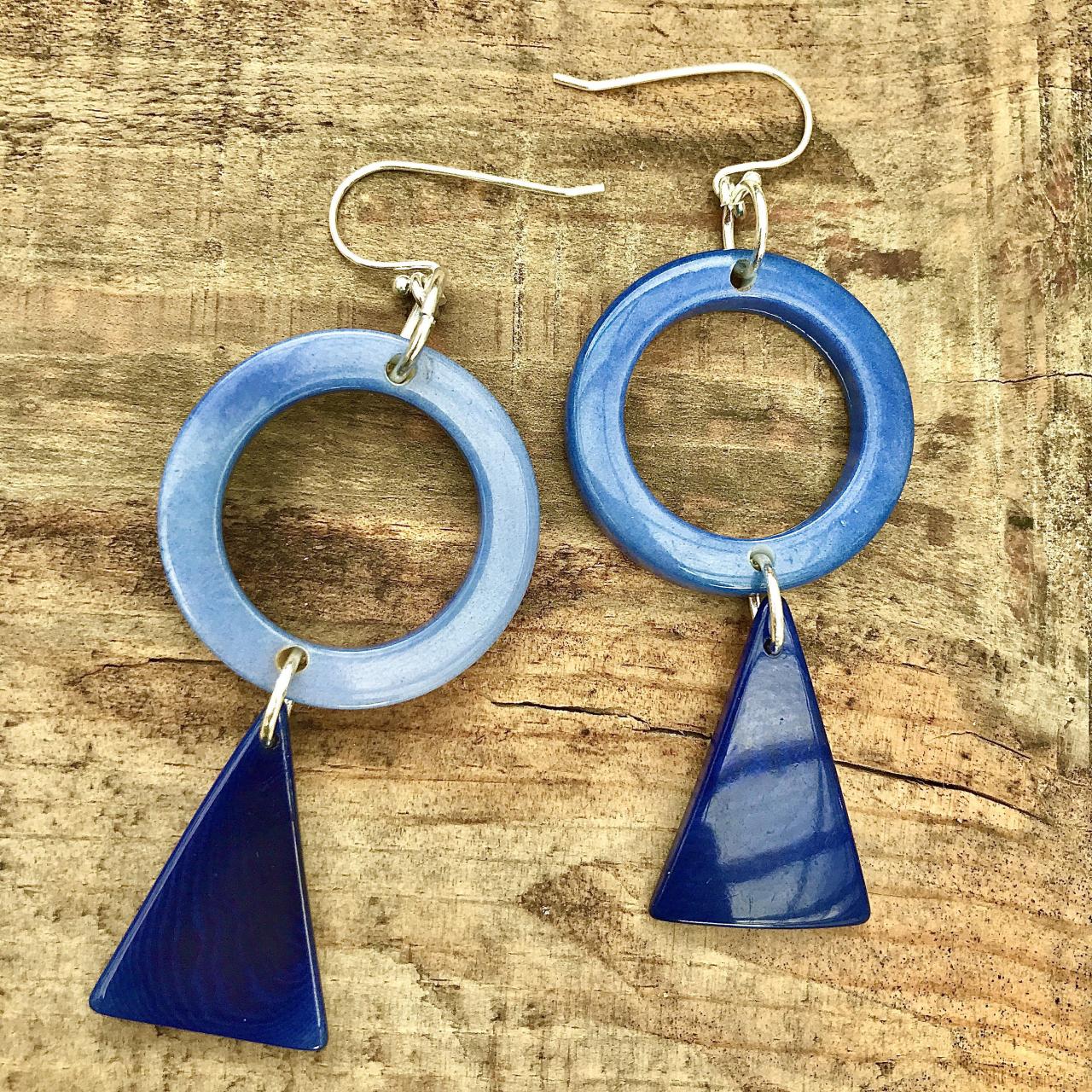Beautiful Blue Hoop & Navy Triangle Tagua Nut (vegetable Ivory) Dangle Earrings With Sterling Silver Wires .