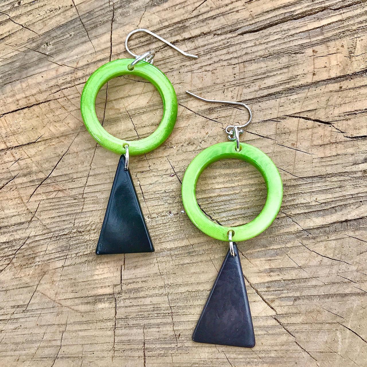 Beautiful Green Hoop & Black Triangle Tagua Nut (vegetable Ivory) Dangle Earrings With Sterling Silver Wires .