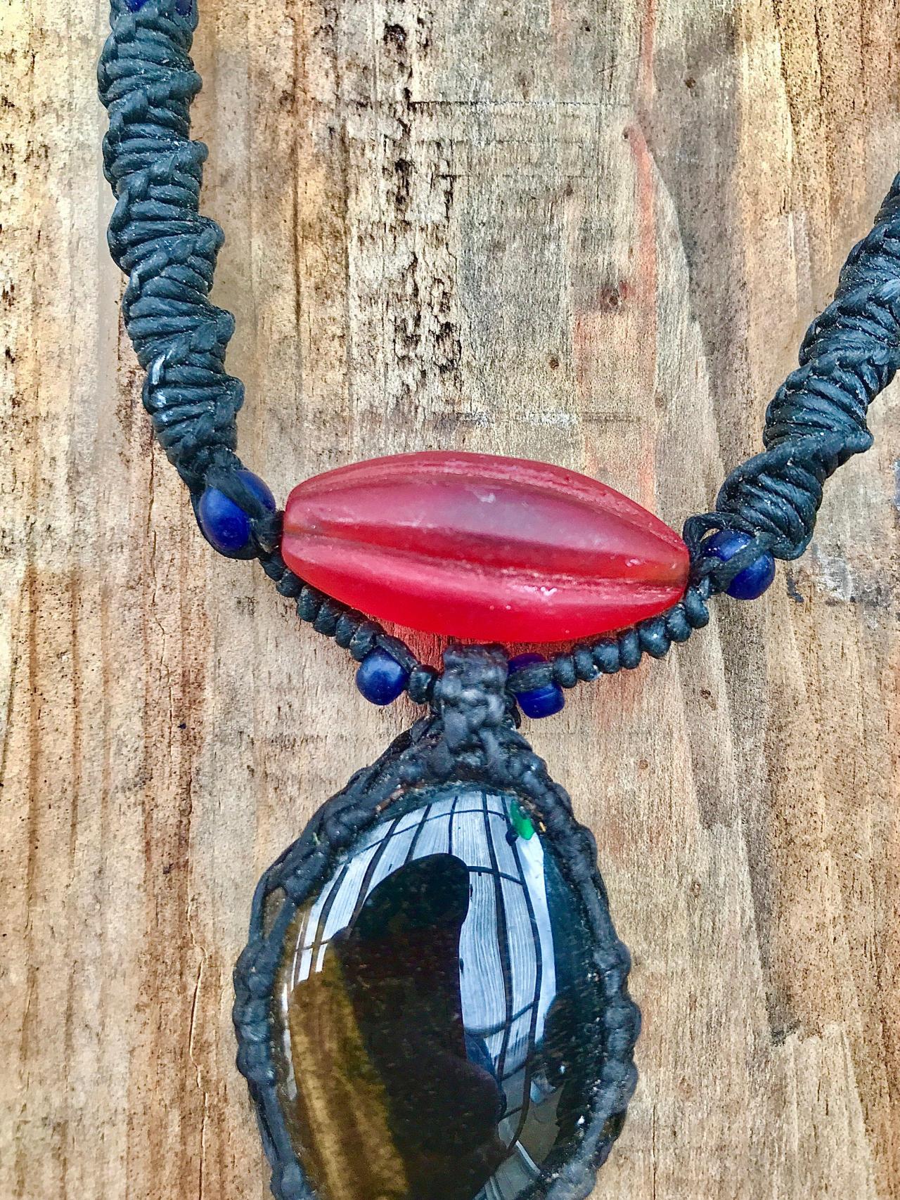 Boho Red Glass & Black Semi Precious Stone Necklace With Cotton Woven Cabochon
