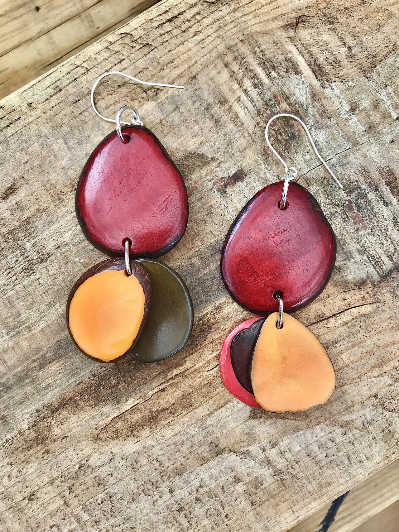Lovely Red Browns & Yellowtagua Nut (vegetable Ivory) Dangle Earrings With Sterling Silver Wires.