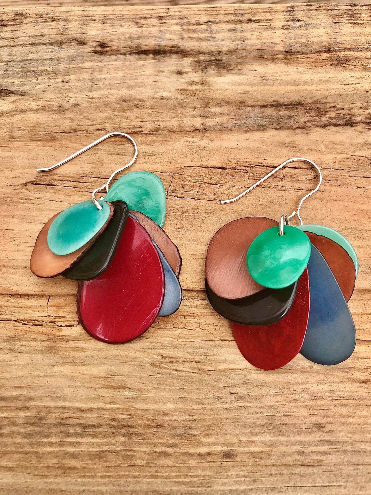 Green Brown & Russets Tagua Nut (vegetable Ivory) Dangle Earrings With Sterling Silver Wires.