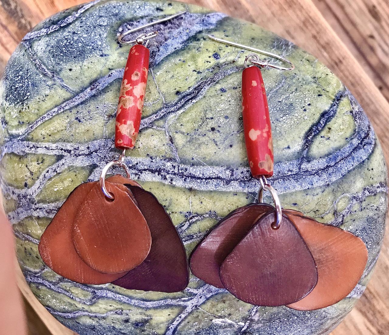 Browns & Russets Tagua Nut (vegetable Ivory) Dangle Earrings With Sterling Silver Wires.