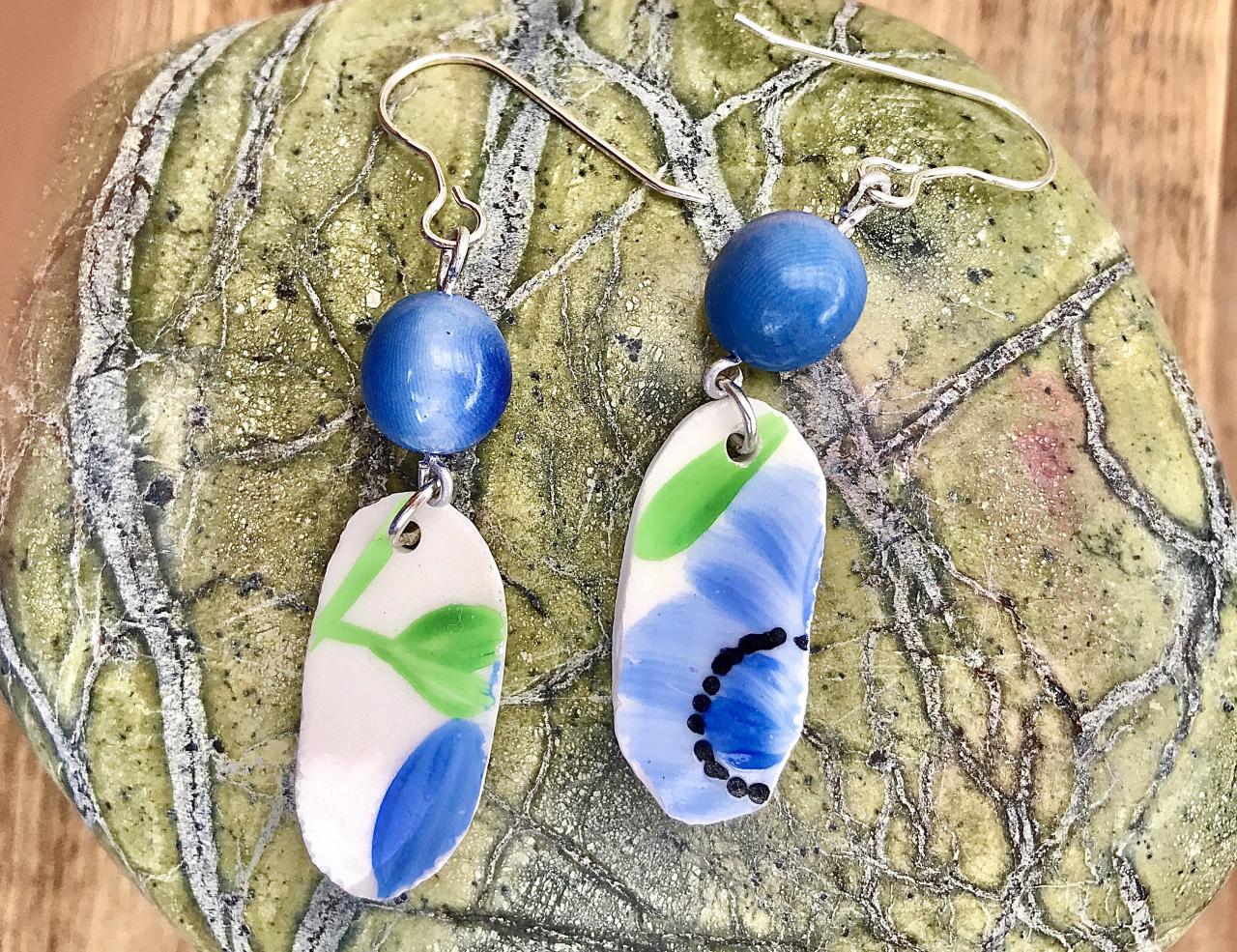 Cute Blue Recycled Vintage Floral China & Blue Tagua Nut Bead Dangle Earrings