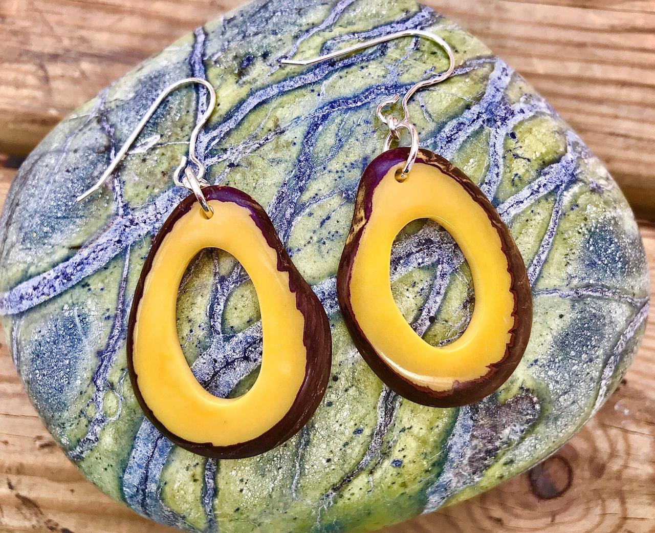Gorgeous Sun Yellow Colour Thick Calamari Ring Shaped Tagua Nut (vegetable Ivory) Dangle Earrings With Sterling Silver Wires .