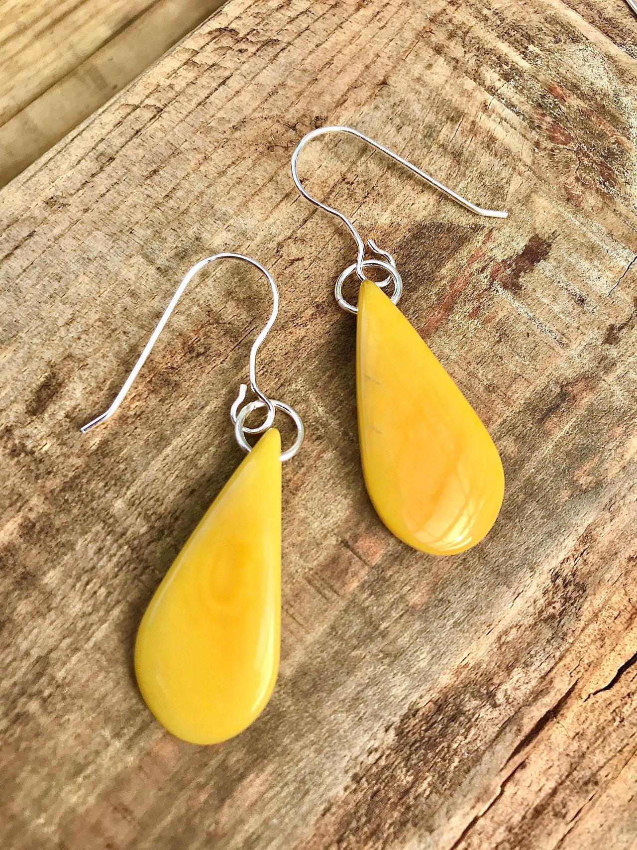 Beautiful Golden Yellow Teardrop Tagua Nut (vegetable Ivory) Dangle Earrings With Sterling Silver Wires .