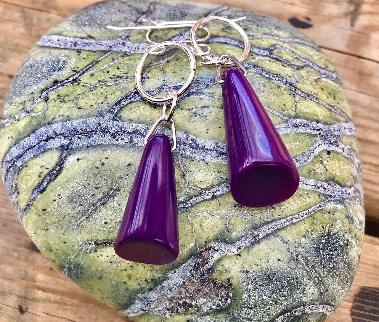 Beautiful Purple Conic Tagua Nut (vegetable Ivory) Dangle Earrings With Sterling Silver Wires .