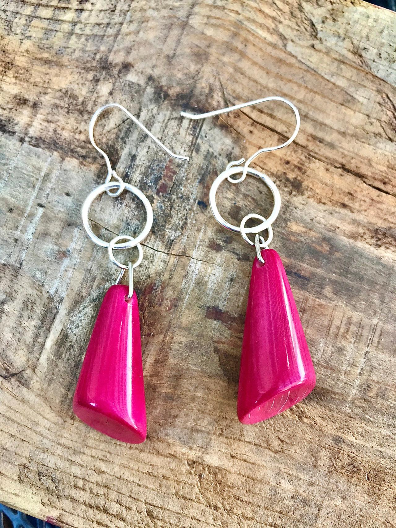 Beautiful Pink Conic Tagua Nut (vegetable Ivory) Dangle Earrings With Sterling Silver Wires .