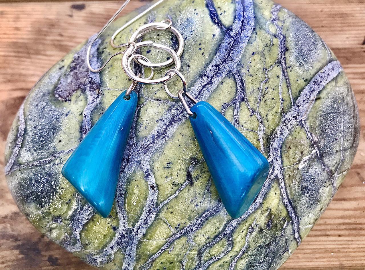 Beautiful Blue Conic Tagua Nut (vegetable Ivory) Dangle Earrings With Sterling Silver Wires .