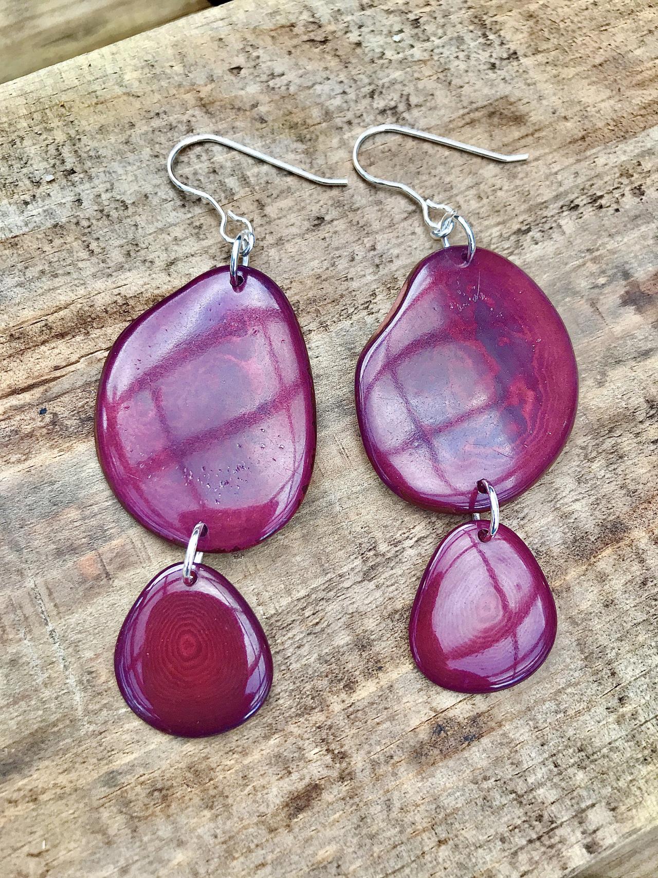 Wine Deep Red Tagua Nut (vegetable Ivory) Dangle Earrings With Sterling Silver Wires.