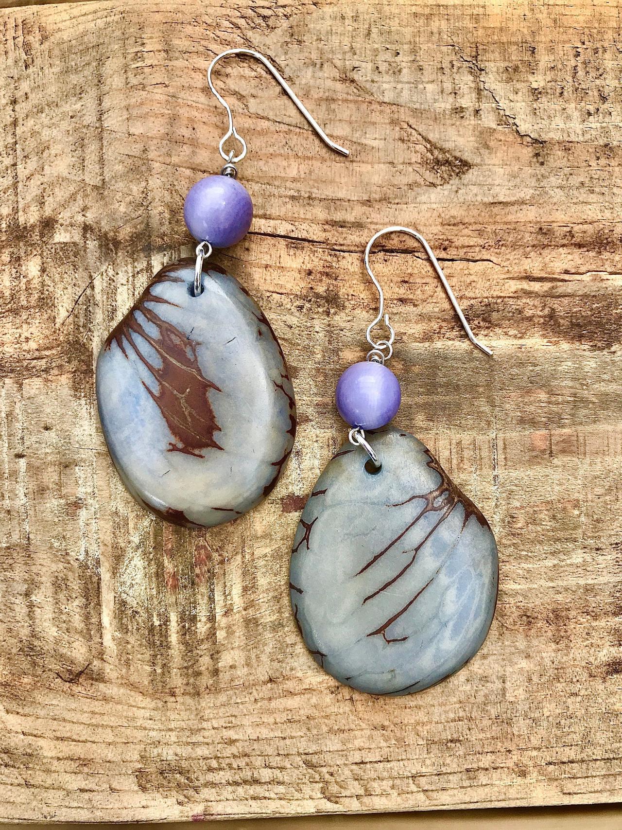 Lilac, Grey Tagua Nut (vegetable Ivory) Dangle Earrings With Sterling Silver Wires.