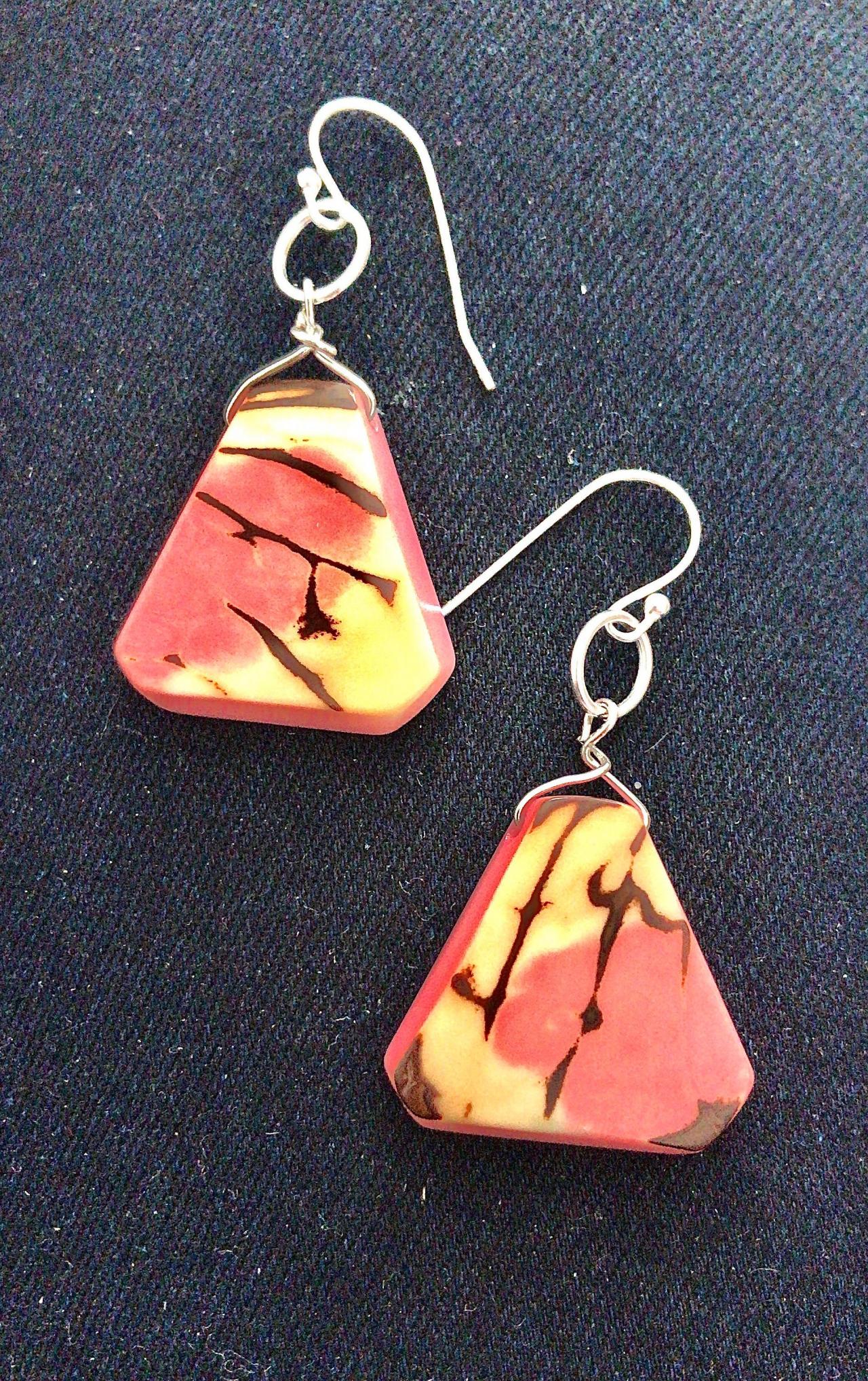 Pink & Cream Stripey Tagua Nut (vegetable Ivory) Dangle Earrings With Sterling Silver Wires.
