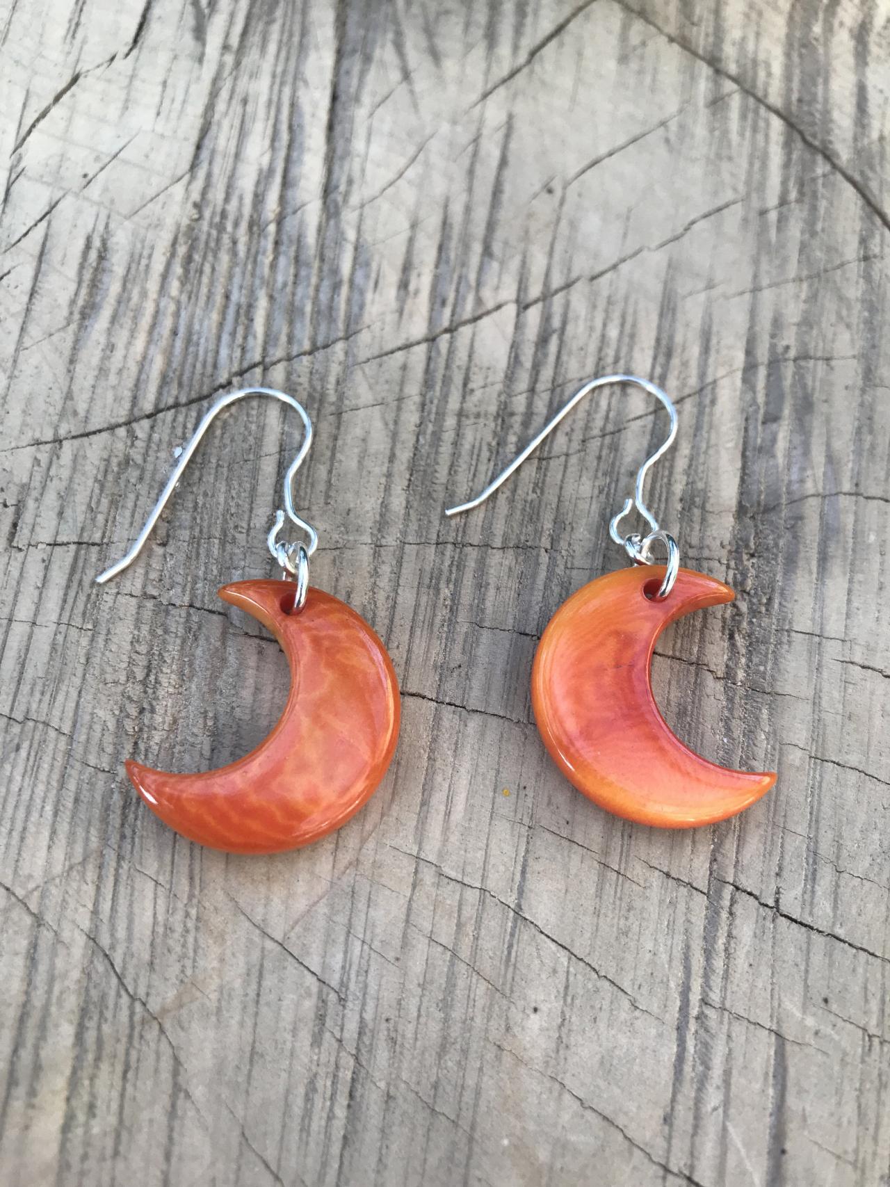 Orange Crescent Moon Tagua Nut (vegetable Ivory) Dangle Earrings With Large Sterling Silver Wires.