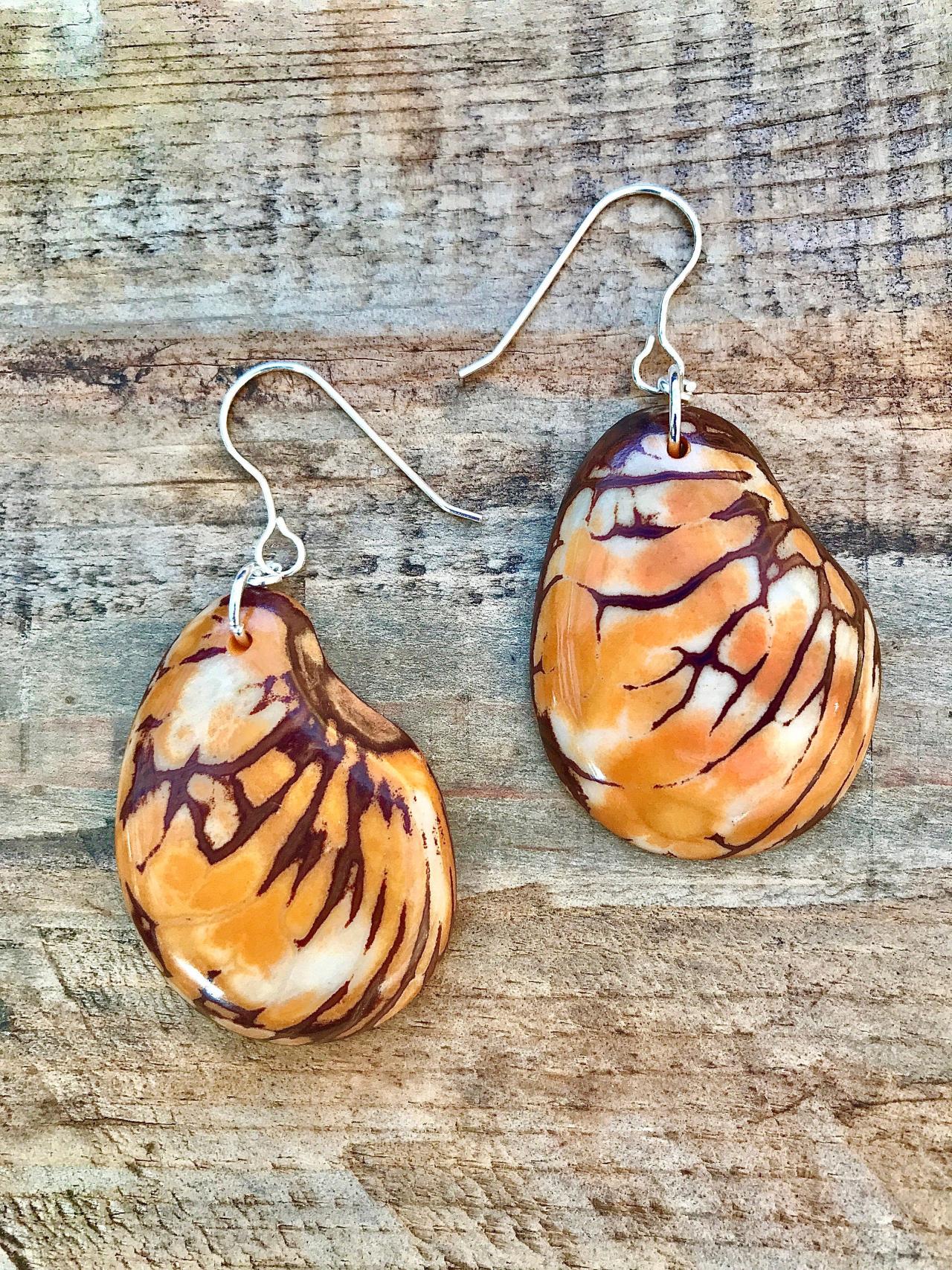 Orange Cream Brown Tagua Nut (vegetable Ivory) Dangle Earrings With Sterling Silver Wires.