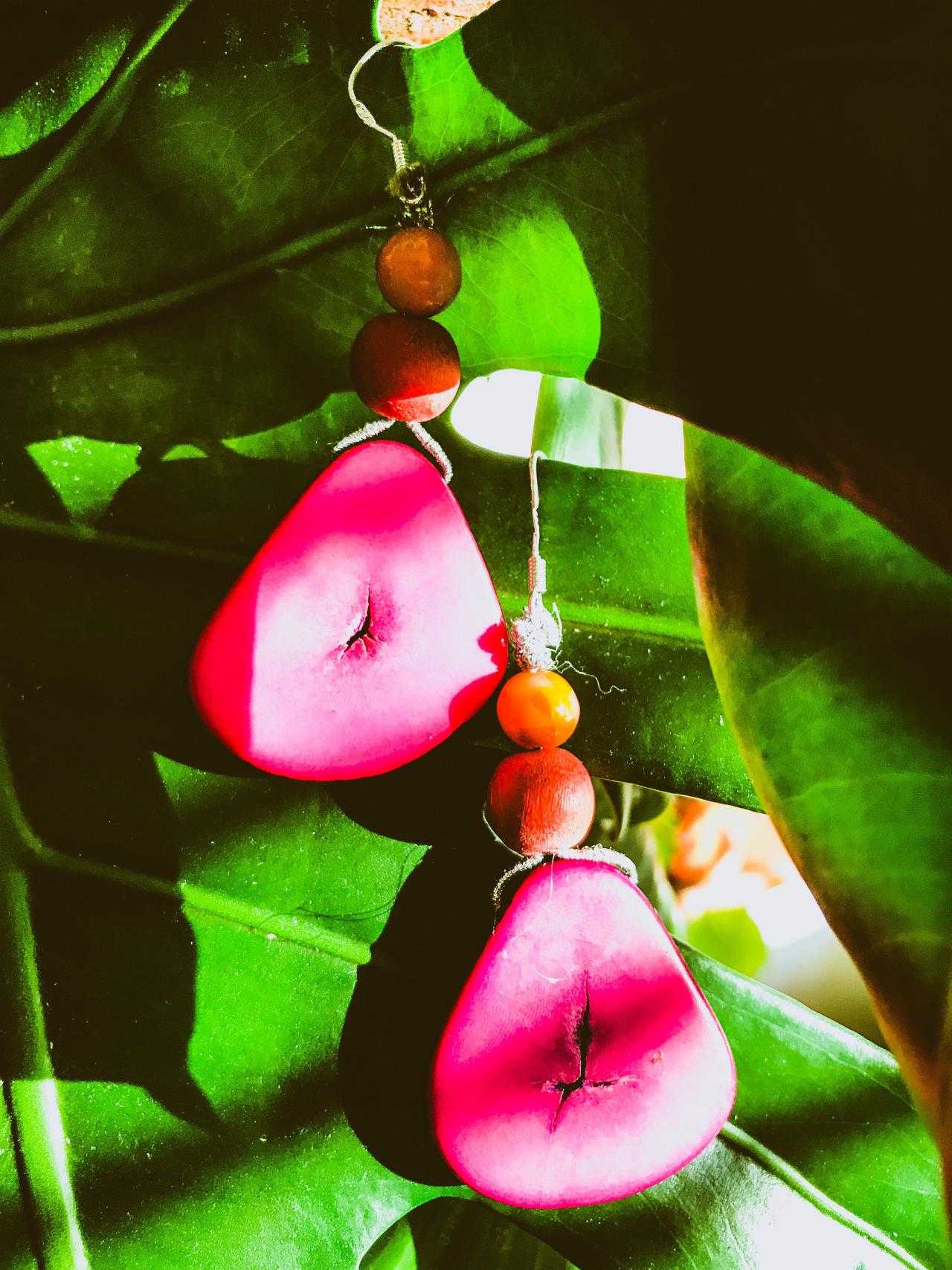 Pretty Boho Pink Tagua Nut Dangle Earrings