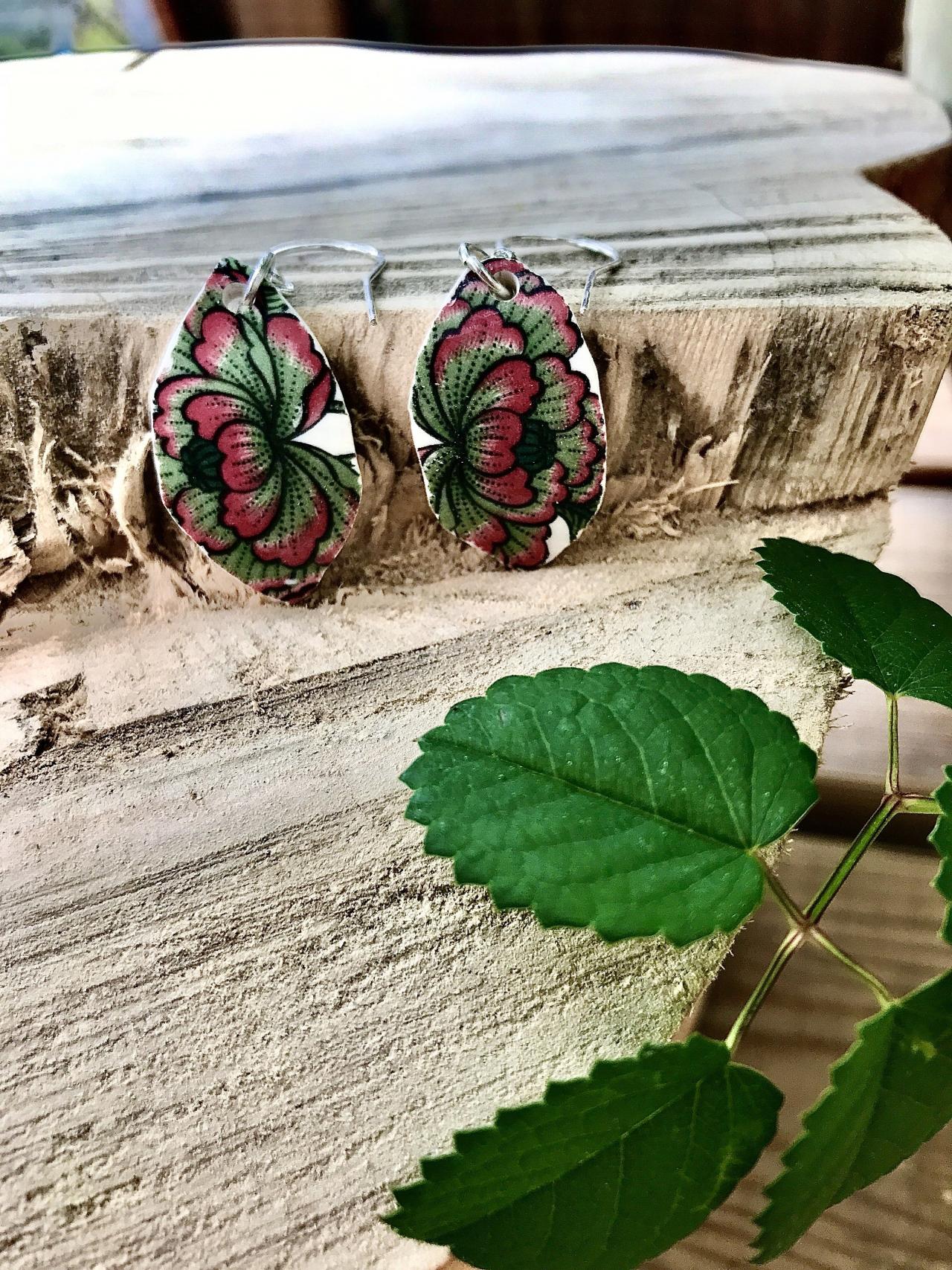 Gorgeous Green &red Floral Vintage Recycled Broken China Earrings With Sterling Silver Wires.