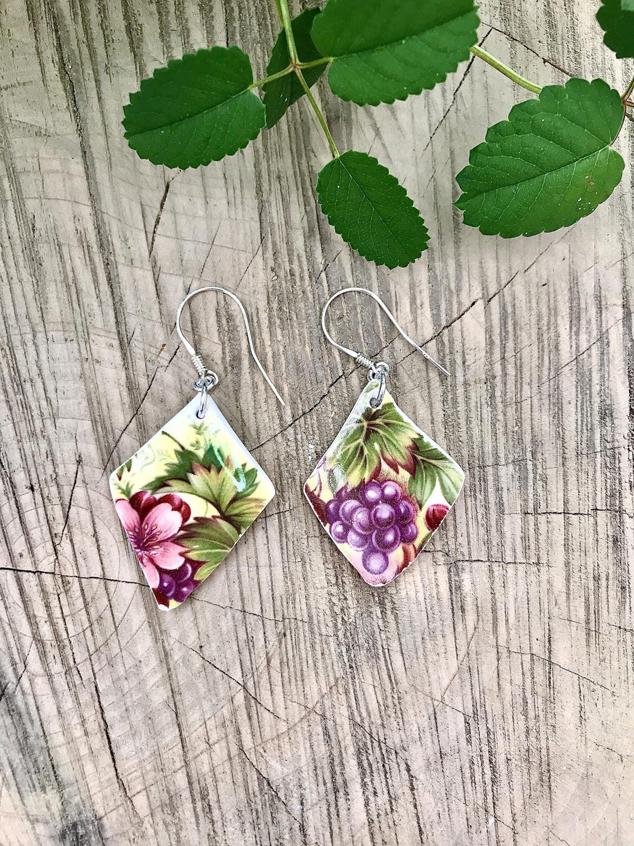 Sweet Vintage Recycled Fruity Floral China Floral Dangle Earrings