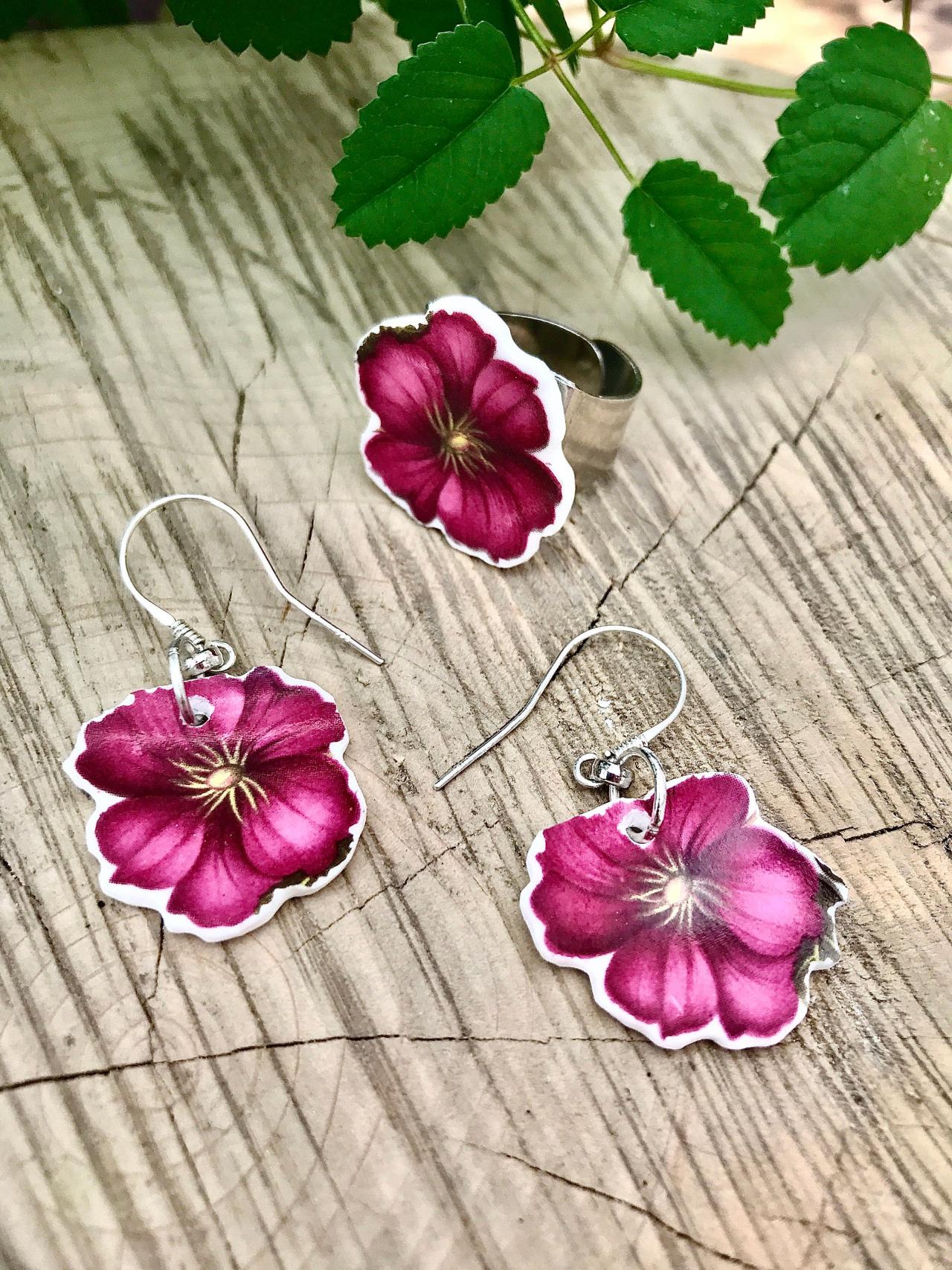 One Of A Kind Vintage Recycled-deep Pink Flower China Dangle Earrings & Ring Set.