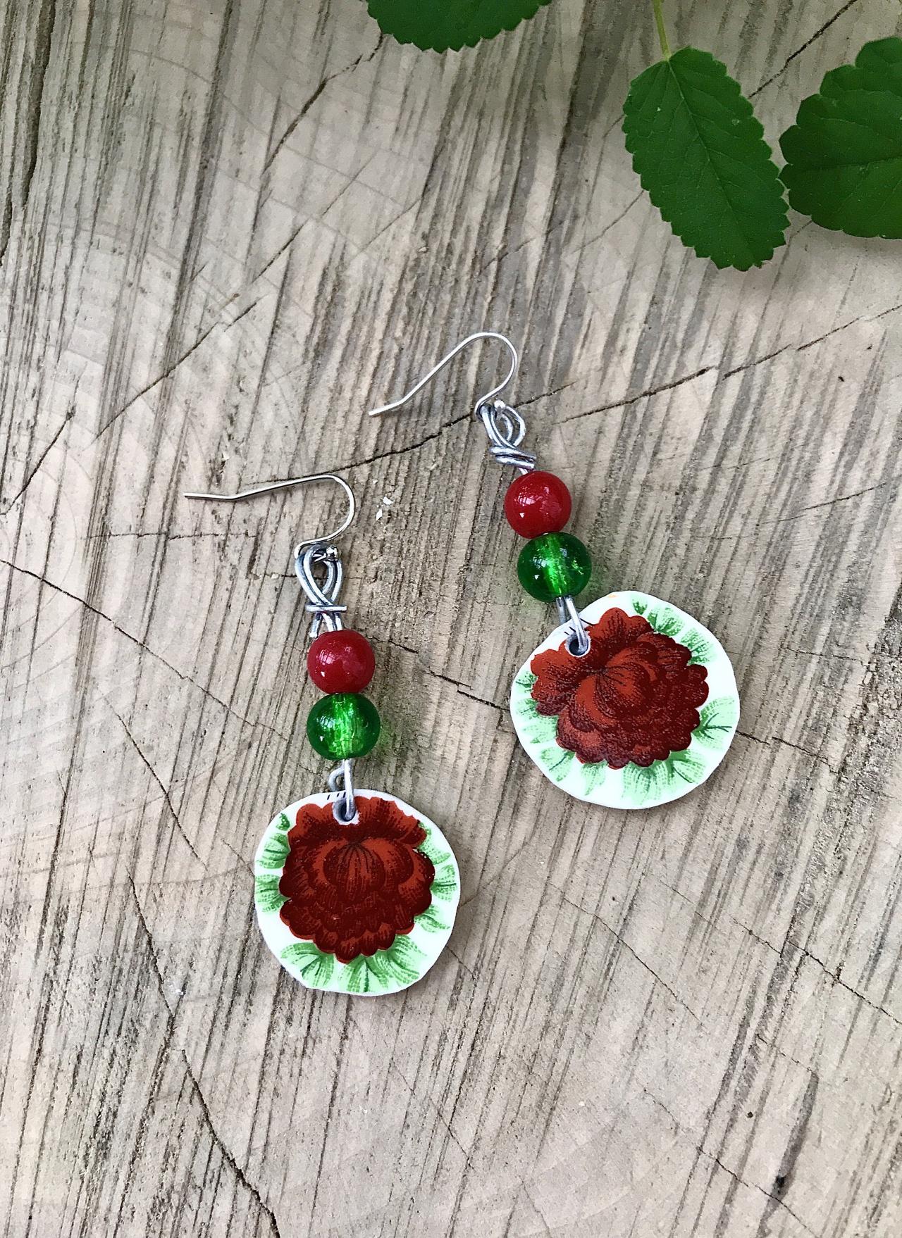 Russet floral recycled vintage China & bead dangle earrings