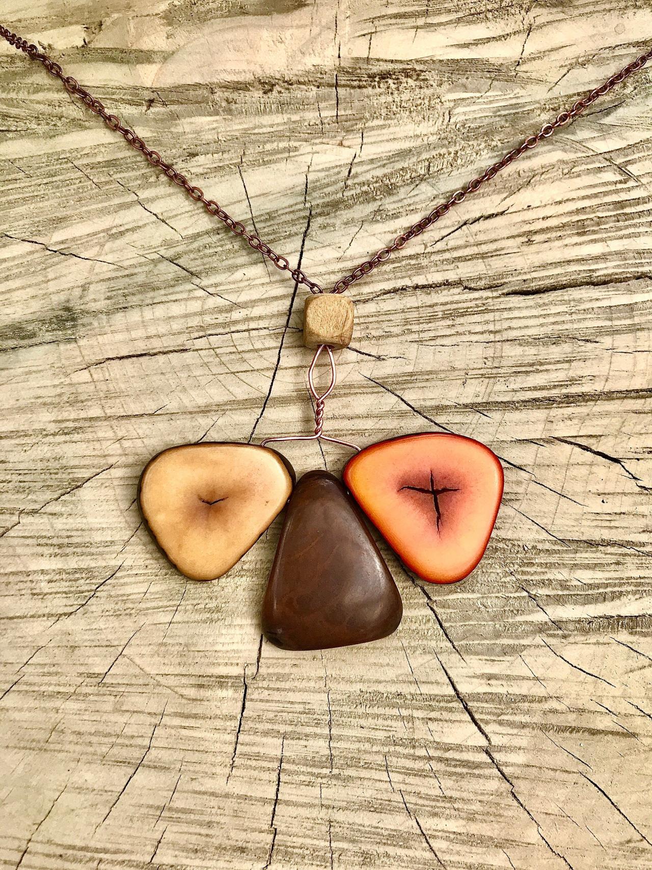 Boho Earth Shades Tagua Nut Necklace With Copper Chain.